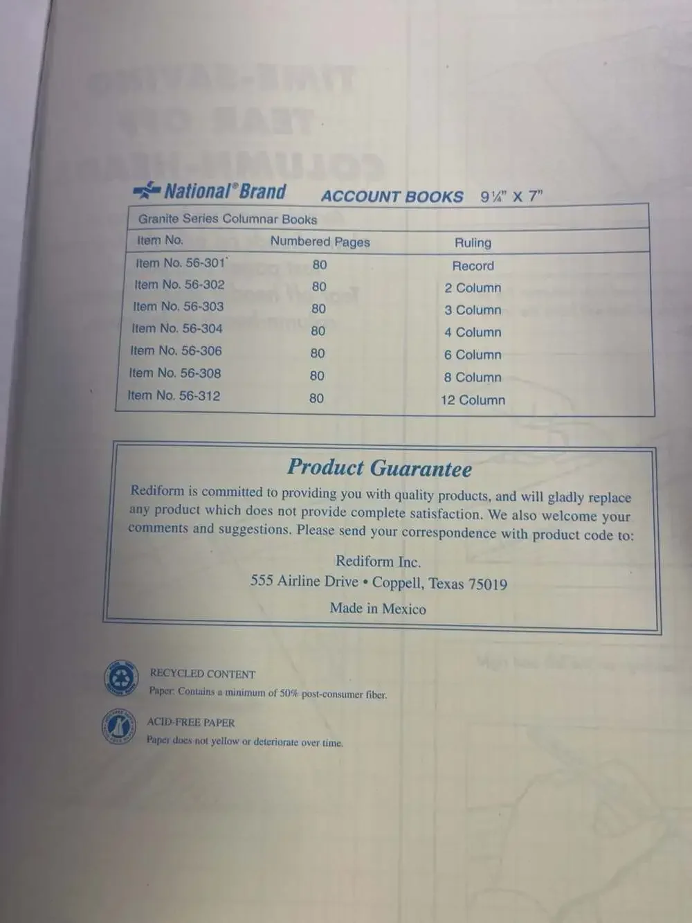 National Brand Granite Series 6 Column Columnar Book 9-1/4